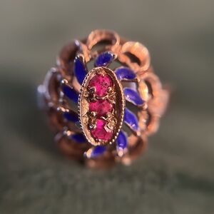 925 ring with ruby like stone and blue enamel vintage art deco adjustable 5.25